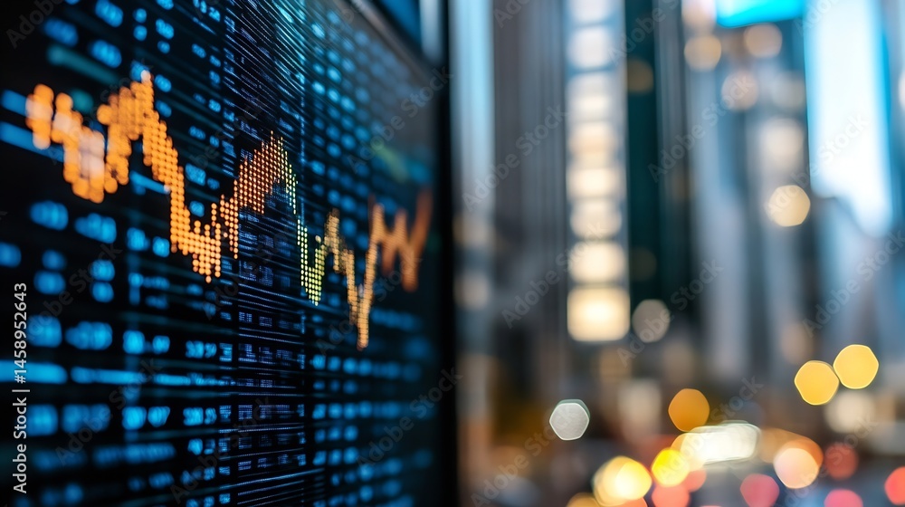 Poster Close-up view of a digital stock ticker displaying financial data, showing upward trending orange graphs against a blurred city backdrop at night. : Generative AI