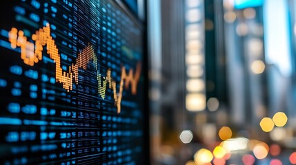 Close-up view of a digital stock ticker displaying financial data, showing upward trending orange graphs against a blurred city backdrop at night. : Generative AI