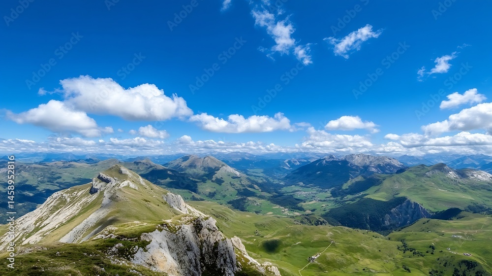 Poster panoramic view of a mountain range with lush green valleys and a vibrant blue sky dotted with fluffy
