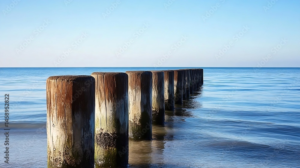 Poster serene coastal scene featuring weathered wooden posts extending into calm blue water under a clear s