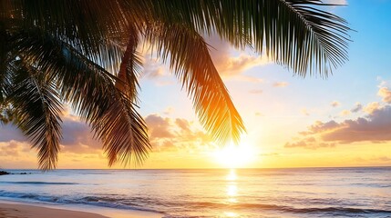 Fototapeta premium Serene sunset over a tropical beach, viewed through lush palm fronds, creating a picturesque and idyllic scene of golden light and tranquil waves. : Generative AI