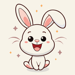 Obraz premium Happy white cartoon rabbit sitting cutely with smile and surrounded by sparkling stars