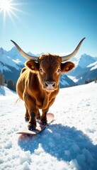 Brown & white horned cow snowboards downhill, sunny alpine scene , extreme, sky