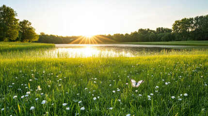 Peaceful field with butterflies, sunlight, calm lake, and vibrant greenery create serene