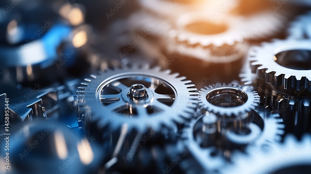 Poster close-up view of intricate metallic gears interlocked, showcasing precision engineering and complex 