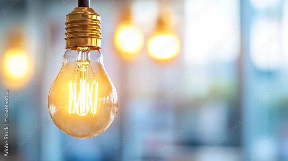 Poster a glowing vintage-style light bulb hangs from a ceiling, illuminating a blurred background of soft b