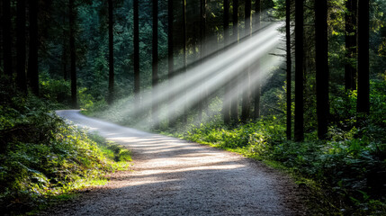 Obraz premium Soft light filtering through mist in secluded forest creates serene atmosphere