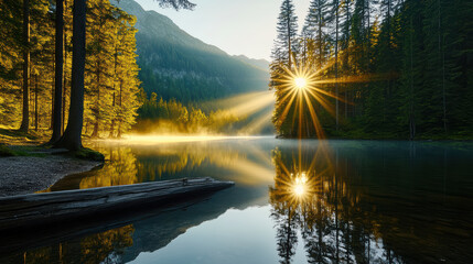 Golden sunlight reflects on tranquil lake surrounded by tall trees and misty mountains