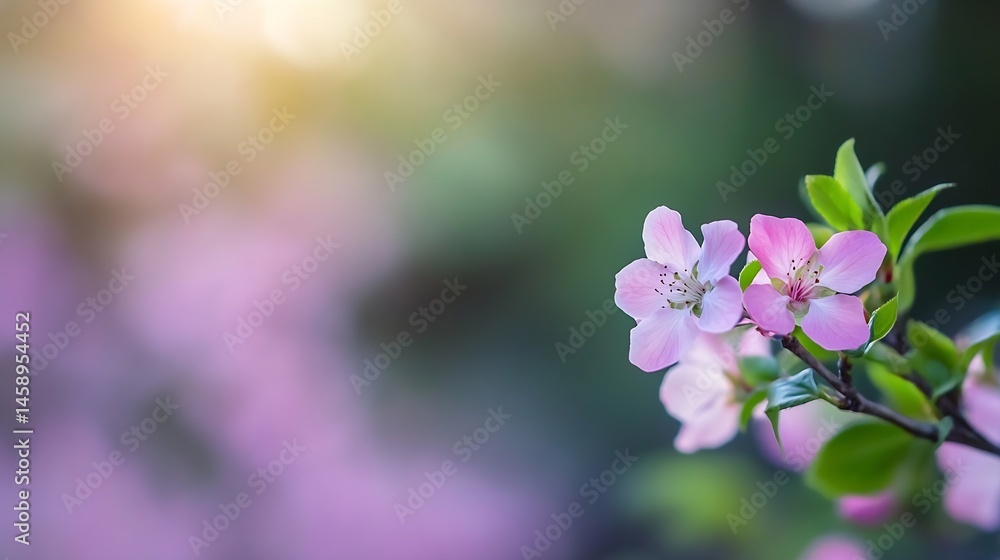 Poster delicate pink blossoms on a branch, bathed in soft sunlight, with a blurred background of more flowe