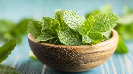 Fresh mint leaves in a rustic wooden bowl, close-up view showing vibrant green color and detailed leaf texture.  Ideal for culinary, health, or cosmetic themes. : Generative AI