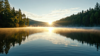 Fototapeta premium Soft sunlight breaking through foggy morning over tranquil lake, reflecting trees