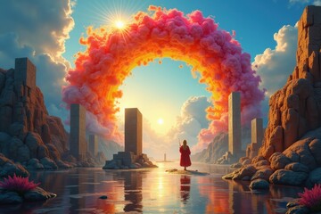 Obraz premium Sunset scene. Surreal vibrant pink and orange smoke arch over mysterious monolith and reflective water with person standing, fantasy landscape for adventure, creativity, inspiration, and dreamlike ba
