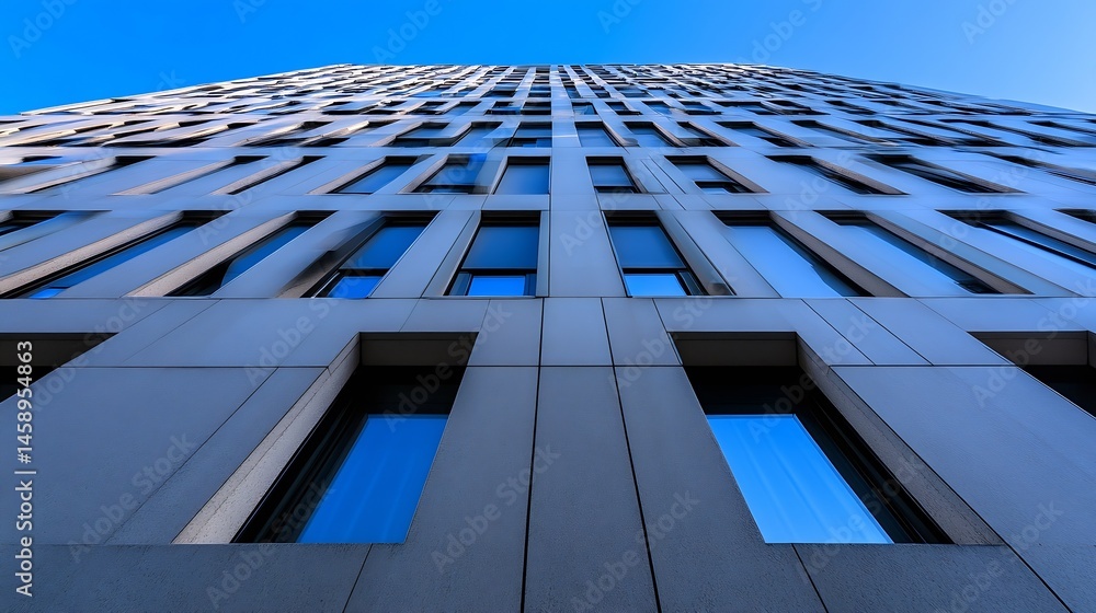 Aufkleber Low-angle view of a modern building's facade, showcasing a repeating pattern of rectangular windows and grey panels against a vibrant blue sky. : Generative AI