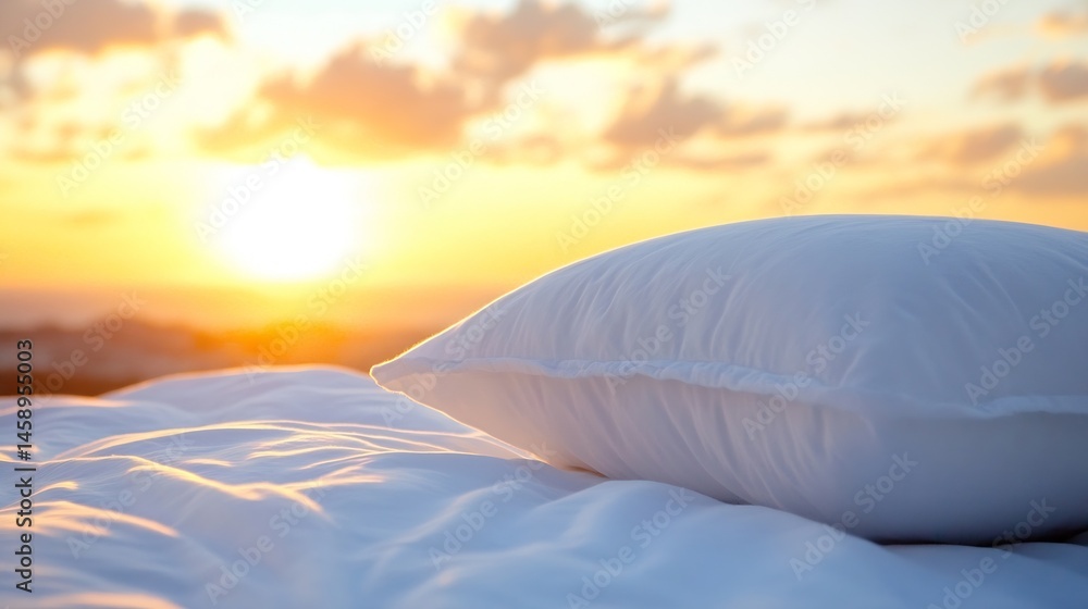 Poster serene sunrise illuminates a fluffy white pillow resting gently on soft bedding, creating a peaceful