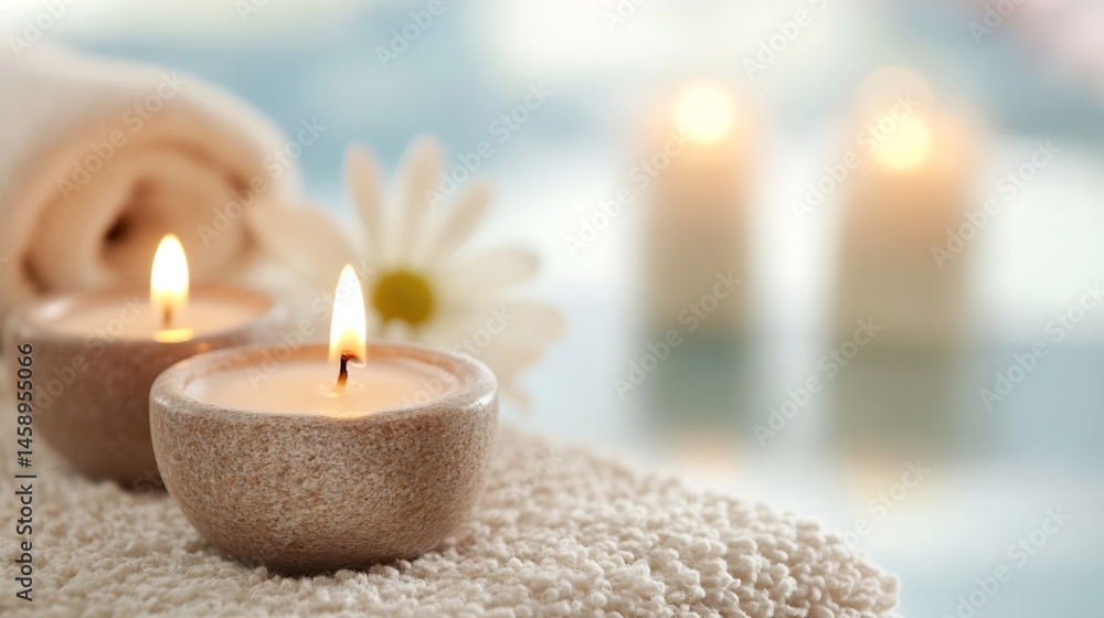 Poster two lit candles in beige holders rest on a fluffy white towel, with a blurred background of more can