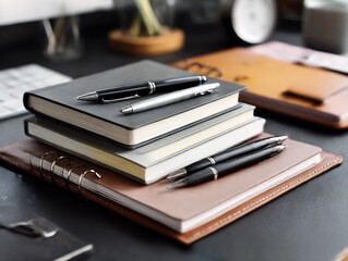 Stylish workspace arrangement featuring stacked journals and elegant writing instruments