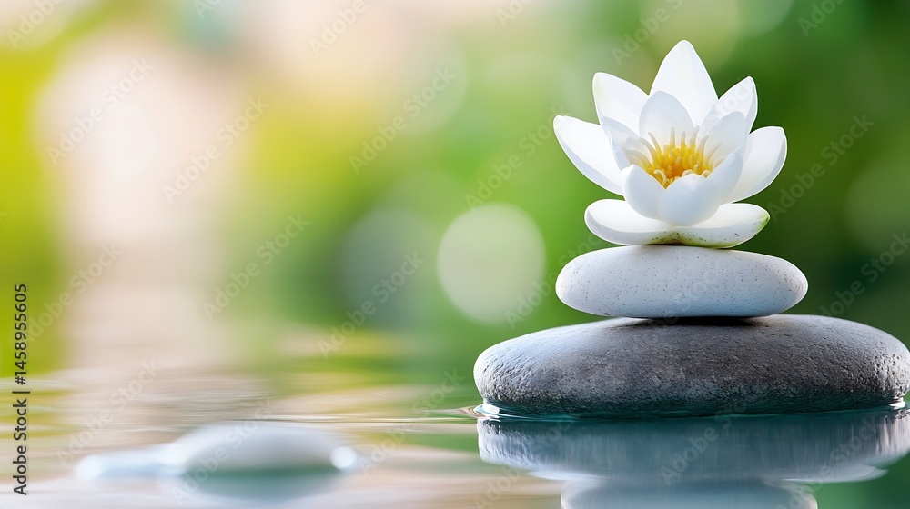 Aufkleber serene white water lily rests atop a balanced stack of gray and white stones, floating gently on cal