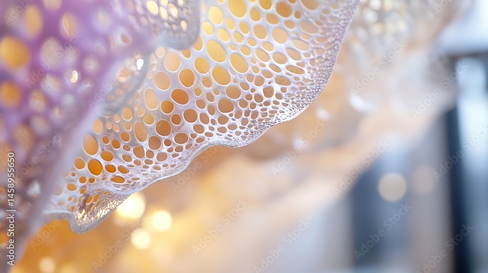 Poster abstract close-up of a porous, white, wave-like structure with irregular circular holes, reminiscent