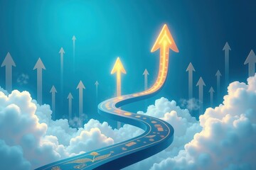 Abstract road. Sky arrows. Neon glow. Clouds background. Upward movement. Growth concept. Success path. Digital art. Futuristic design. Blue mood. Business theme. Inspiration idea. Navigation symbol.