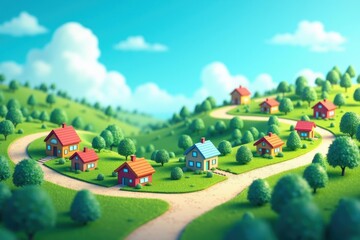 Colorful village. Scenic landscape. Rural houses. Green trees. Winding roads. Sunny day. Pastoral setting. Small community. Countryside homes. Tranquil atmosphere. 3D render. Background image. Graphi