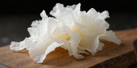 Tremella fuciformis mushroom on a wooden cutting board. Chinese gelatinous fungi. Snow fungus.	