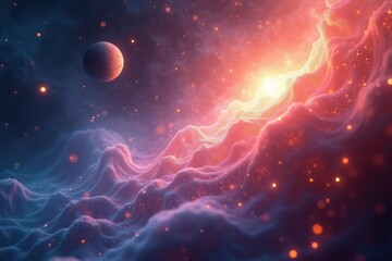 Cosmic nebula. Space galaxy. Planet orbiting. Colorful clouds. Glowing stars. Outer universe. Astronomy background. Sci-fi concept. Digital art. Fantasy landscape. Science illustration. Stellar explo