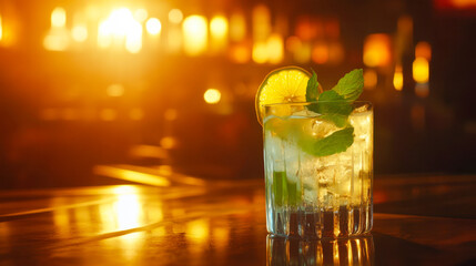 Gin tonic cocktail garnished with lime and mint in a cozy bar with warm lighting