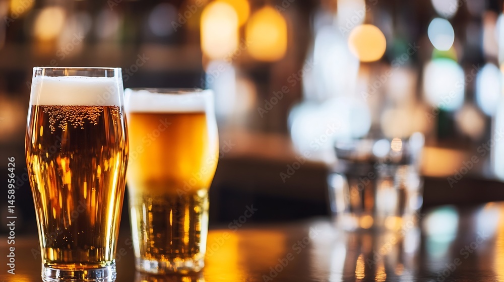 Poster two glasses of golden beer sit on a bar counter, illuminated by warm lighting, creating a cozy pub a