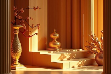 Warm ambiance. Vintage decor. Golden vase. Ornamental branch. Sunlit stairs. Cozy interior. Elegant mood. Subtle shadow. Artistic composition. Home background. Lifestyle visual. Luxury setting. Rusti