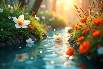 Sunlit garden. Peaceful stream. White flowers. Orange blossoms. Early morning. Nature scenery. Calm water. Macro shot. Botanical detail. Background image. Website banner. Eco design. Wellness theme. 