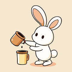 Cute cartoon white bunny is seen pouring brown liquid into a cup