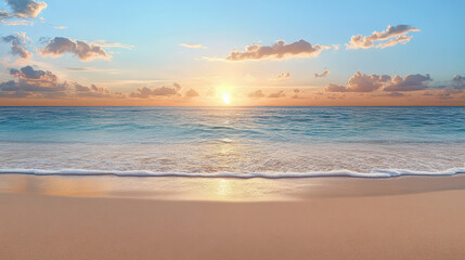 Obraz premium Sunset over calm ocean waves, soft sand beach, and vibrant sky create serene atmosphere