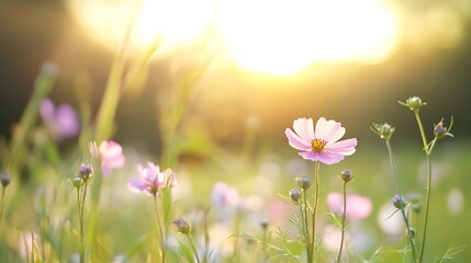 Soft pink cosmos flowers bathed in warm sunset light, gently swaying in a field of green, creating a serene and peaceful atmosphere. : Generative AI