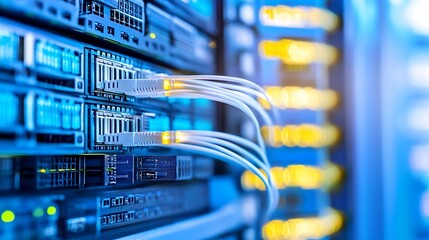 Close-up view of fiber optic cables connected to a server rack in a data center, showcasing the intricate network infrastructure and high-speed connectivity. : Generative AI
