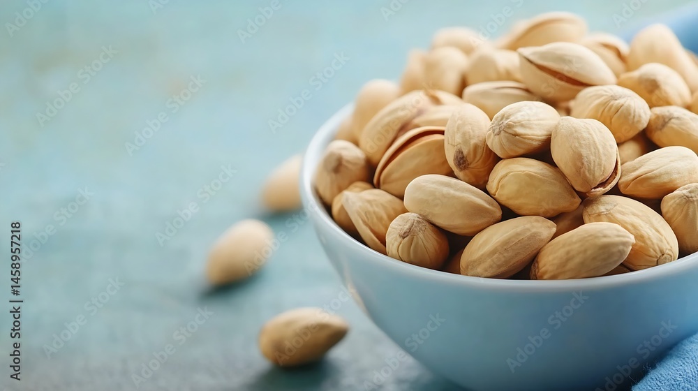 Aufkleber Close-up view of a bowl filled with roasted pistachios, showcasing their creamy beige color and slightly opened shells.  The nuts are nestled together, creating a visually appealing te : Generative AI