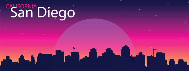 Fototapeta premium Stylized silhouette of the city of San Diego, California, against the evening sky with a gradient from pink to purple with a large sun or moon in the center