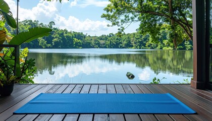 Obraz premium Serene Lakeside Yoga Blue Mat on Wooden Deck Overlooking Tranquil Water and Lush Greenery