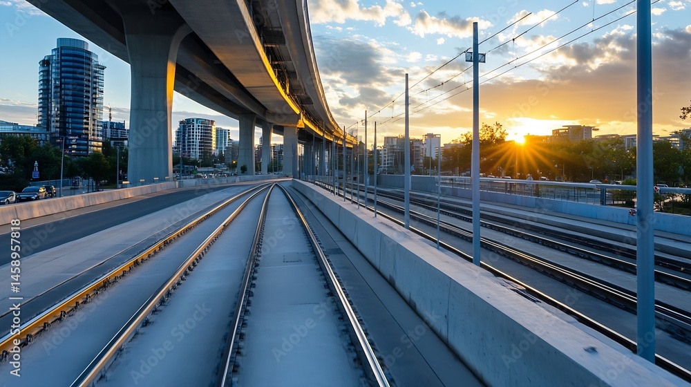 Poster elevated tram tracks and roadway curve gracefully under a modern highway overpass at sunset, city sk
