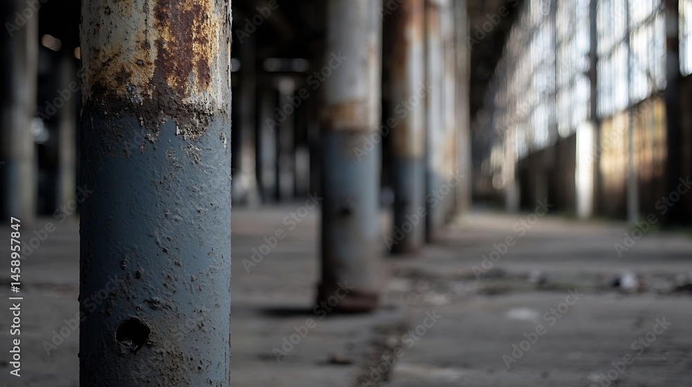 Aufkleber close-up view of a weathered, grey metal pillar in an abandoned industrial building, showing rust an