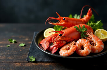 A dark wooden table setting with a stylish arrangement of seafood, including lobster and shrimp, set against a textured background, copy space