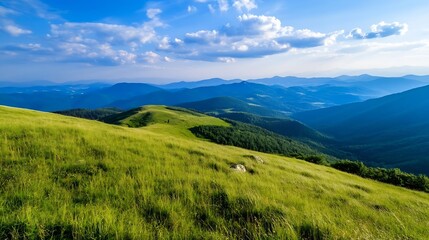 Serene mountain landscape showcasing rolling green hills under a vibrant blue sky with fluffy white clouds, offering a breathtaking panoramic view. : Generative AI