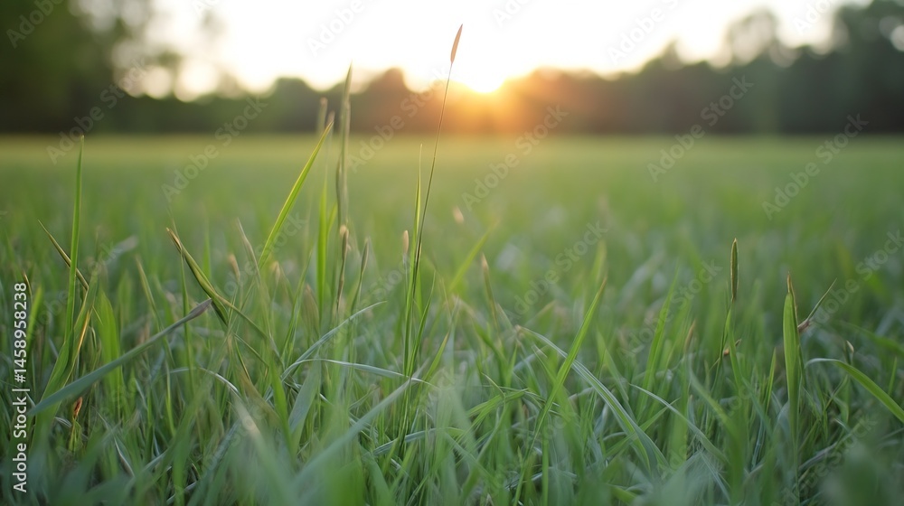 Aufkleber close-up view of vibrant green grass blades illuminated by the warm glow of a setting sun, creating 