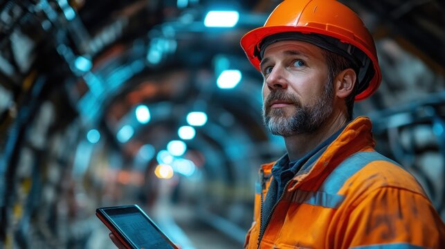 Mining Engineer Inspecting Tunnel with Tablet