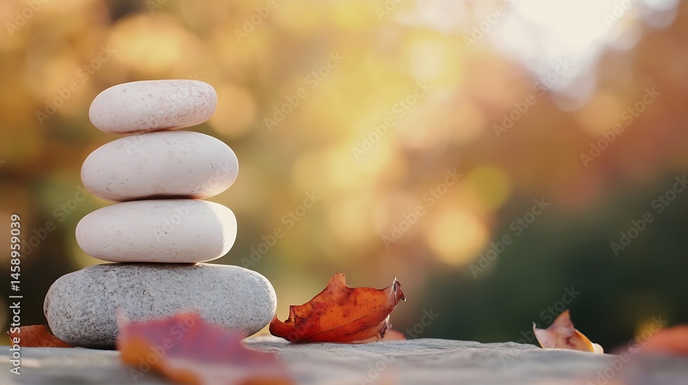 Poster serene autumn scene featuring a stack of smooth, light-colored stones balanced precariously on a lar