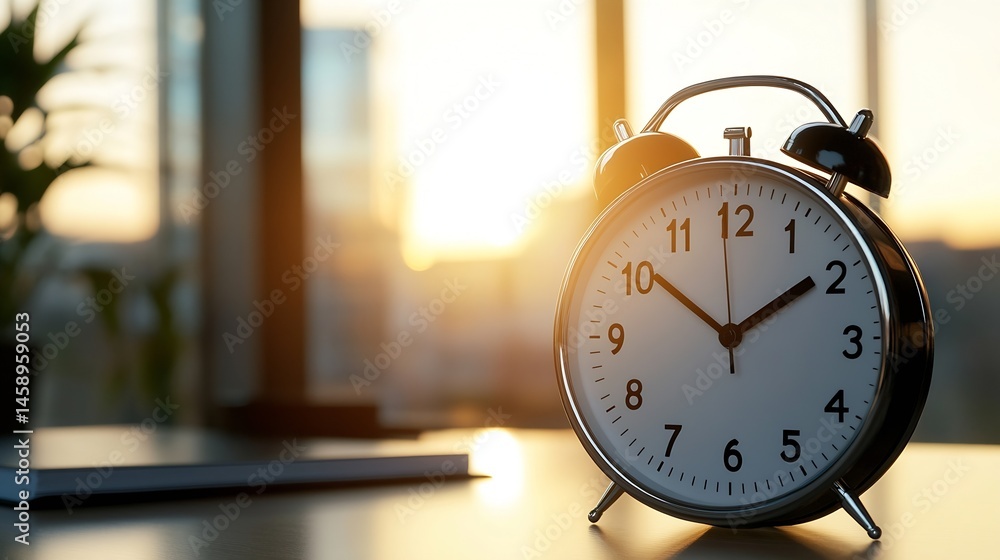 Poster retro alarm clock on a desk at sunrise, showcasing a minimalistic design with a white face and black