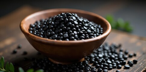 Dark, glistening black sesame seeds fill a rustic bowl , background, macro