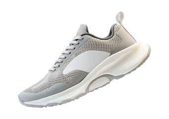 Gray athletic shoes designed for comfort and performance during workouts on a transparent background