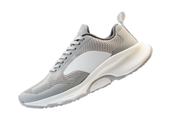 Gray athletic shoes designed for comfort and performance during workouts on a transparent background