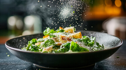 Caesar salad with cheese sprinkled in motion on a dark slate plate in a fine dining setup