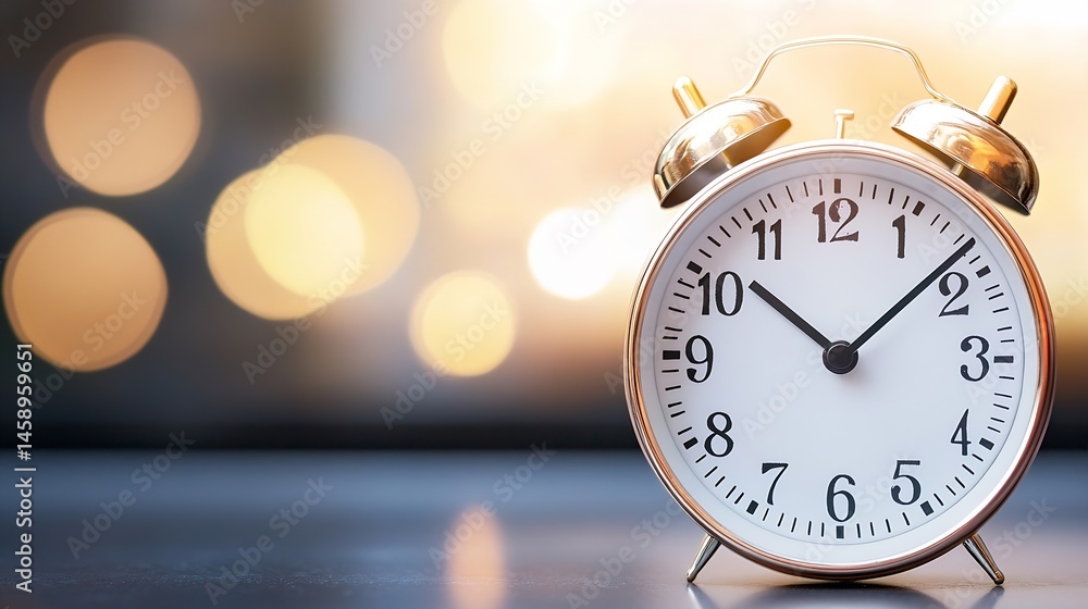 Poster a rose gold alarm clock sits on a dark surface, softly illuminated by a bokeh background of warm, go